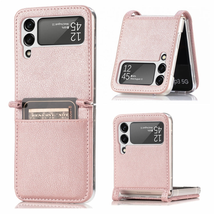 Samsung Galaxy Z Flip3 5G Pink Litchi Pattern Leather Case with Card Holder