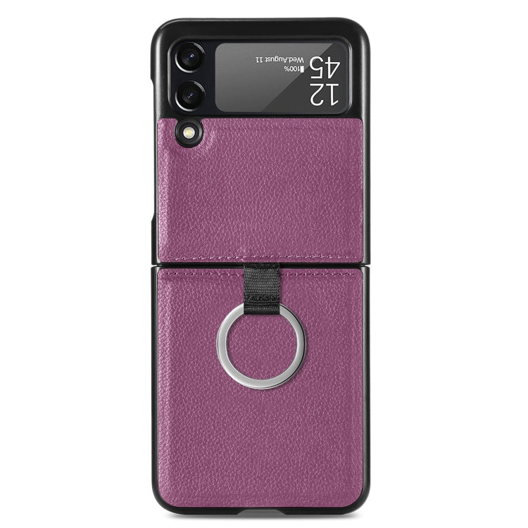Samsung Galaxy Z Flip3 5G Purple Litchi Pattern Folding Case with Ring Buckle