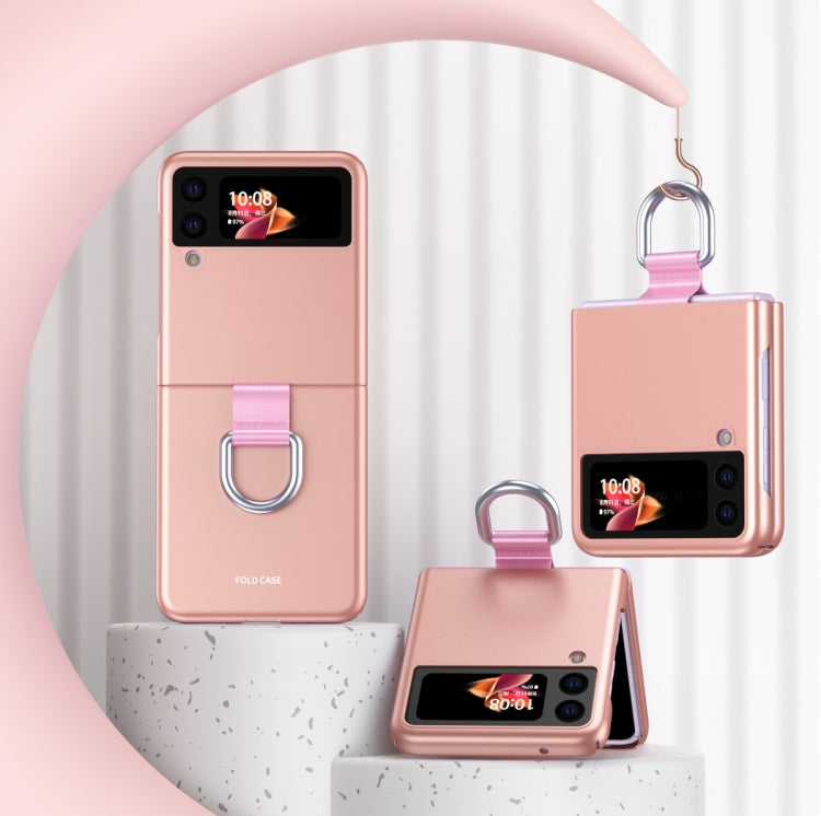 Rose Gold Skin Feel Folding Phone Case for Samsung Galaxy Z Flip3 5G with Drawstring Key Chain