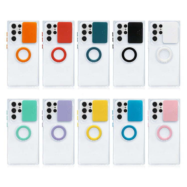 Sliding Camera Cover TPU Protective Case in Black for Samsung Galaxy S22 Ultra 5G with Ring Holder