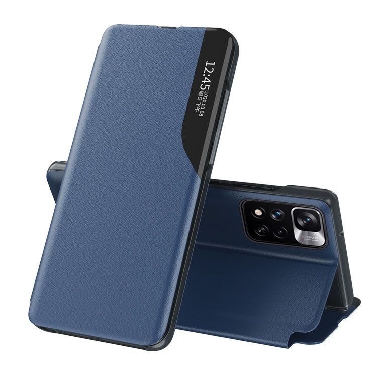 Shockproof Blue Leather Phone Case with Side Display Kickstand for Xiaomi Redmi Note 11 Pro Global Version