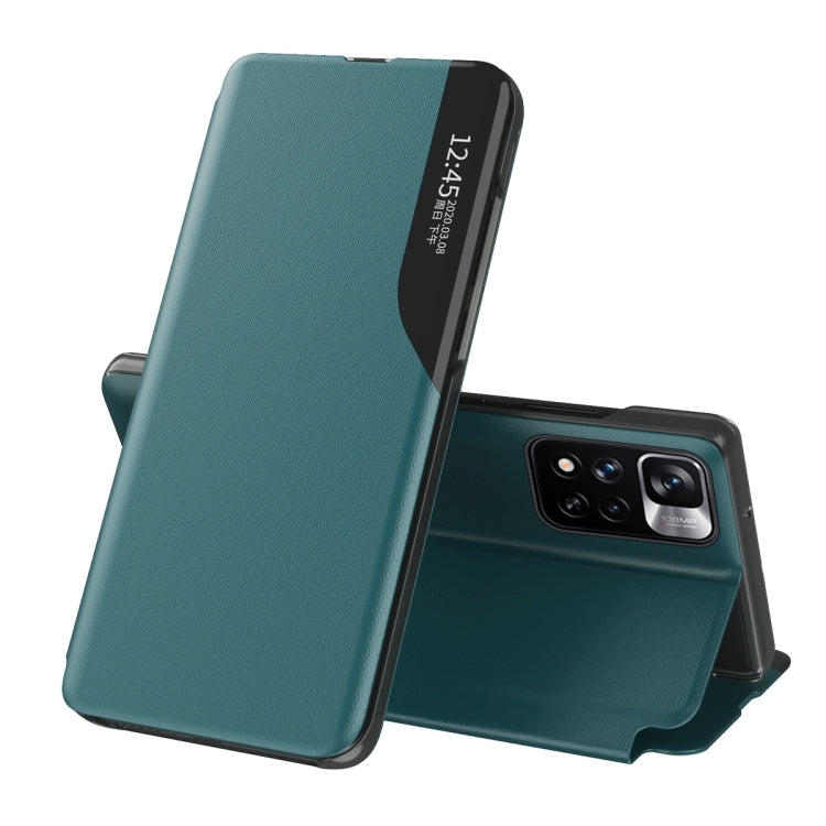 Luxury Green Leather Phone Case with Side Display Kickstand for Xiaomi Redmi Note 11 Pro Global Version