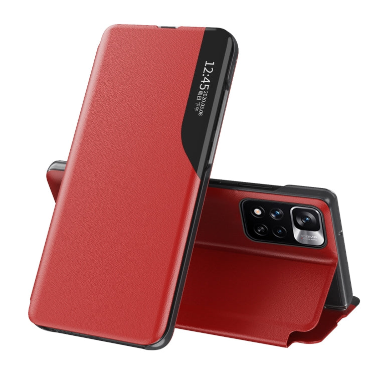 Red Shockproof Leather Phone Case with Side Display Kickstand for Xiaomi Redmi Note 11 Pro Global Version