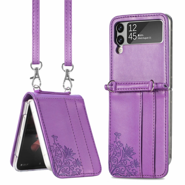 Purple Diagonal Bag Design Phone Case for Samsung Galaxy Z Flip 3 5G with Card Slots and Lanyard