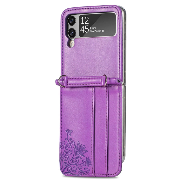 Purple Diagonal Bag Design Phone Case for Samsung Galaxy Z Flip 3 5G with Card Slots and Lanyard