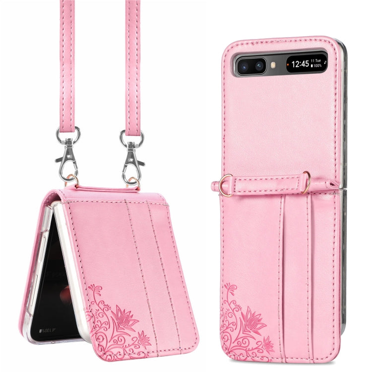 Lanyard Embossed Card Phone Case for Samsung Galaxy Z Flip 5G (Pink)
