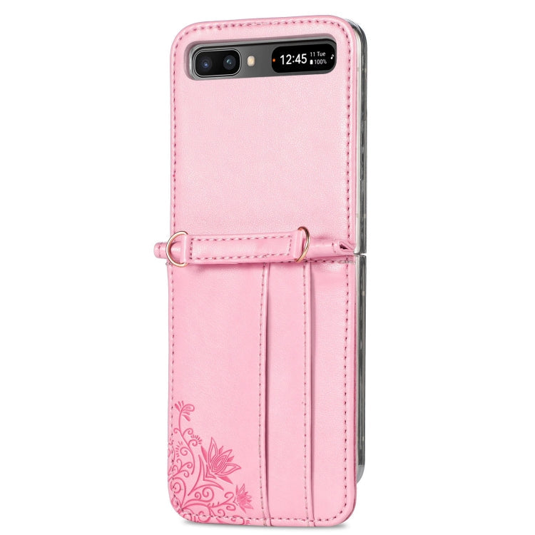 Lanyard Embossed Card Phone Case for Samsung Galaxy Z Flip 5G (Pink)