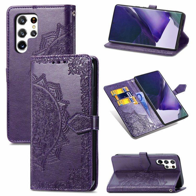 Embossed Mandala Flower Leather Case for Samsung Galaxy S22 Ultra 5G (Purple) with Wallet & Card Slots