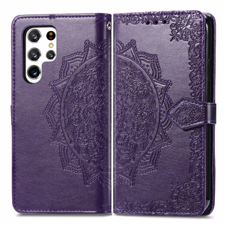 Embossed Mandala Flower Leather Case for Samsung Galaxy S22 Ultra 5G (Purple) with Wallet & Card Slots