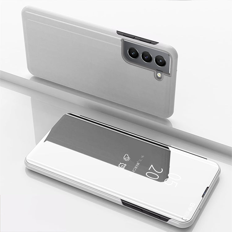 Plated Mirror Horizontal Flip Leather Case for Samsung Galaxy S22 5G with Holder (Silver)