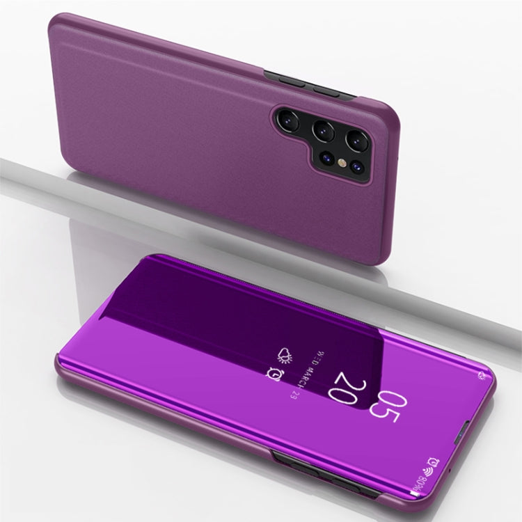 Purple Plated Mirror Horizontal Flip Leather Case for Samsung Galaxy S22 Ultra 5G with Stand