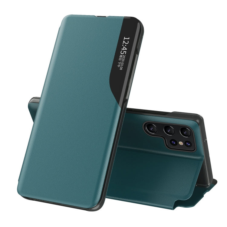 Green Shockproof Leather Flip Case with Side Display for Samsung Galaxy S22 Ultra 5G