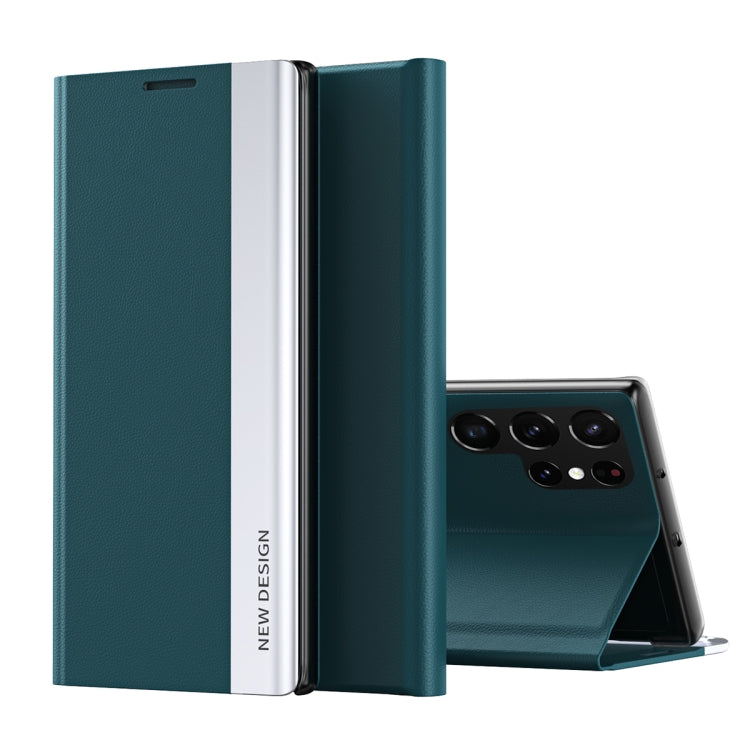 Green Electroplated Magnetic Leather Flip Case for Samsung Galaxy S22 Ultra 5G with Stand
