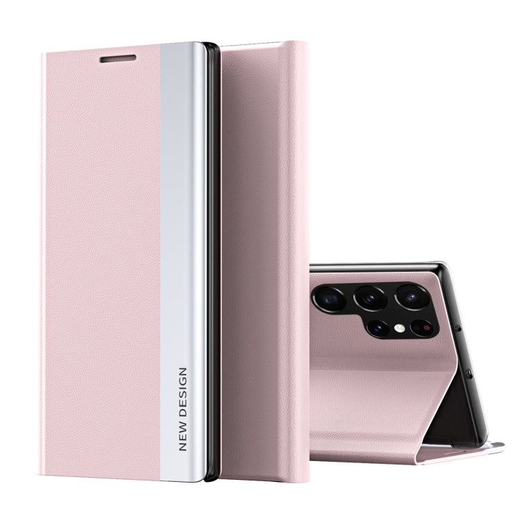 Pink Magnetic Ultra-Thin Horizontal Flip Leather Case for Samsung Galaxy S22 Ultra 5G