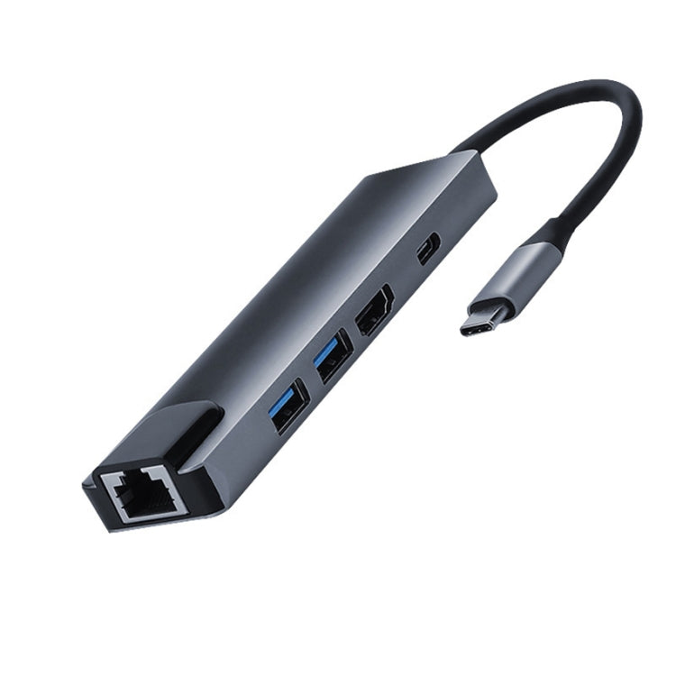 USB Type-C 5-in-1 Hub Adapter with RJ45, USB 3.0 x 2, PD, and HDMI Outputs
