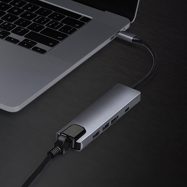 USB Type-C 5-in-1 Hub Adapter with RJ45, USB 3.0 x 2, PD, and HDMI Outputs