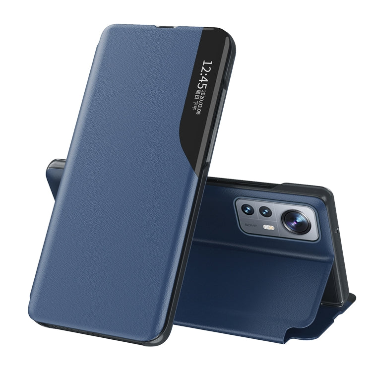 Side Display Flip Leather Phone Case for Xiaomi 12 Pro with Holder in Blue