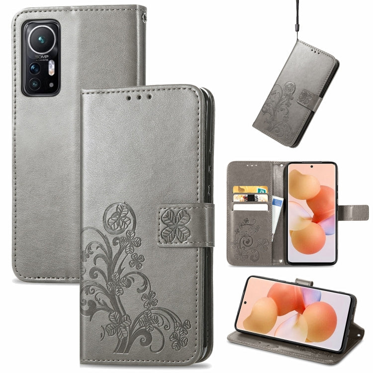 Four-Leaf Clasp Embossed Leather Phone Case for Xiaomi 12 (Grey)