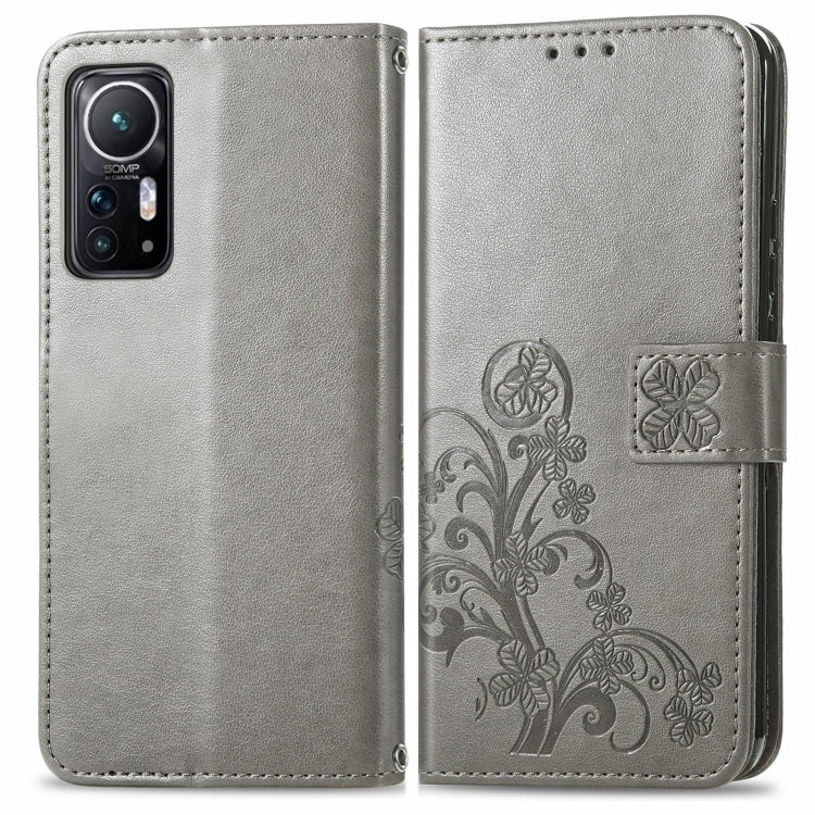 Four-Leaf Clasp Embossed Leather Phone Case for Xiaomi 12 (Grey)