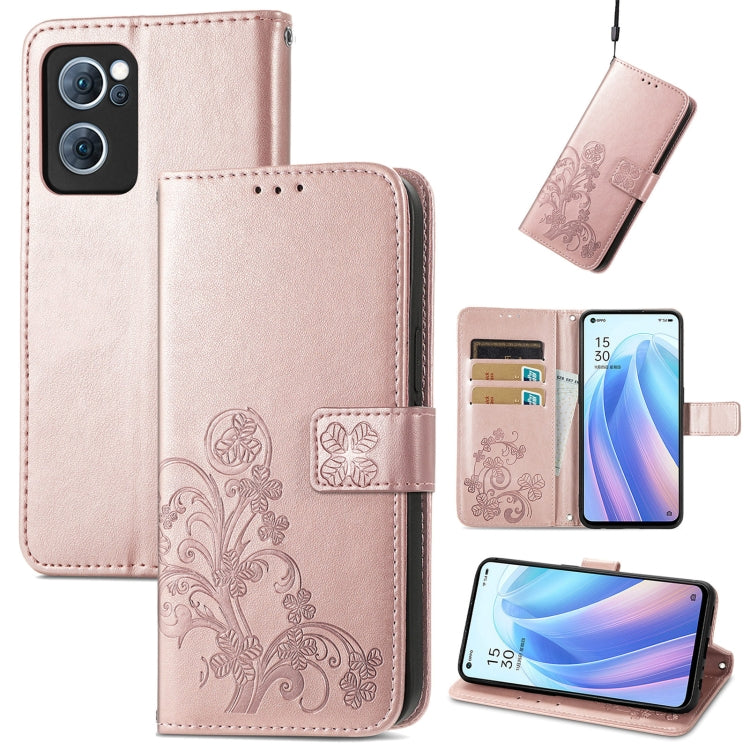 Rose Gold Four-Leaf Clasp Embossed Leather Phone Case for OPPO Reno7 5G