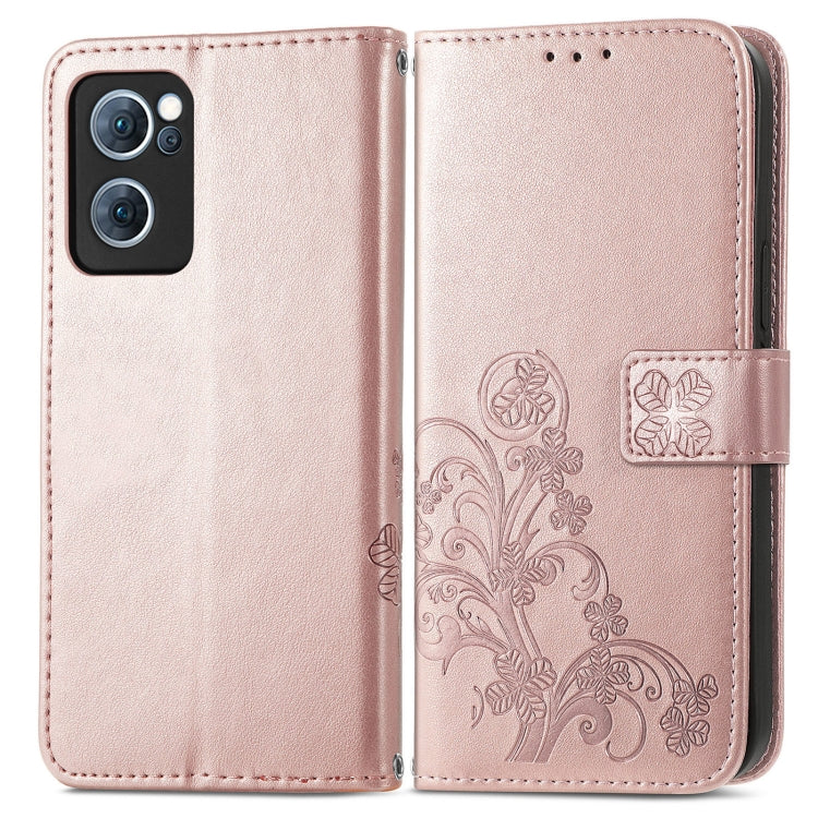 Rose Gold Four-Leaf Clasp Embossed Leather Phone Case for OPPO Reno7 5G