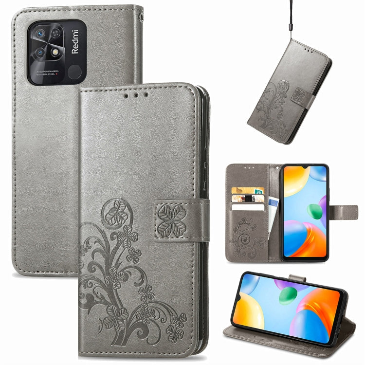 Gray Embossed Buckle Leather Phone Case for Xiaomi Redmi 10C with Four-leaf Clasp