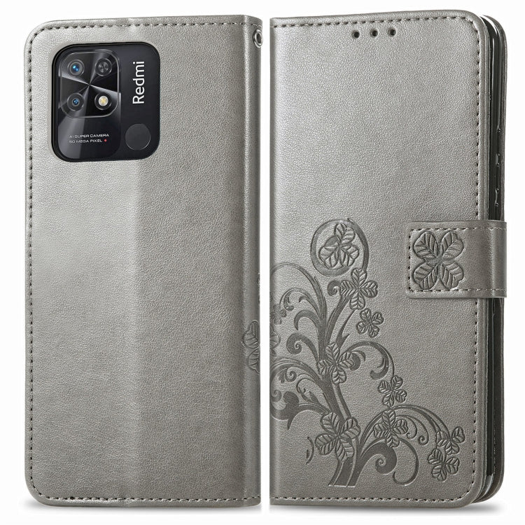 Gray Embossed Buckle Leather Phone Case for Xiaomi Redmi 10C with Four-leaf Clasp