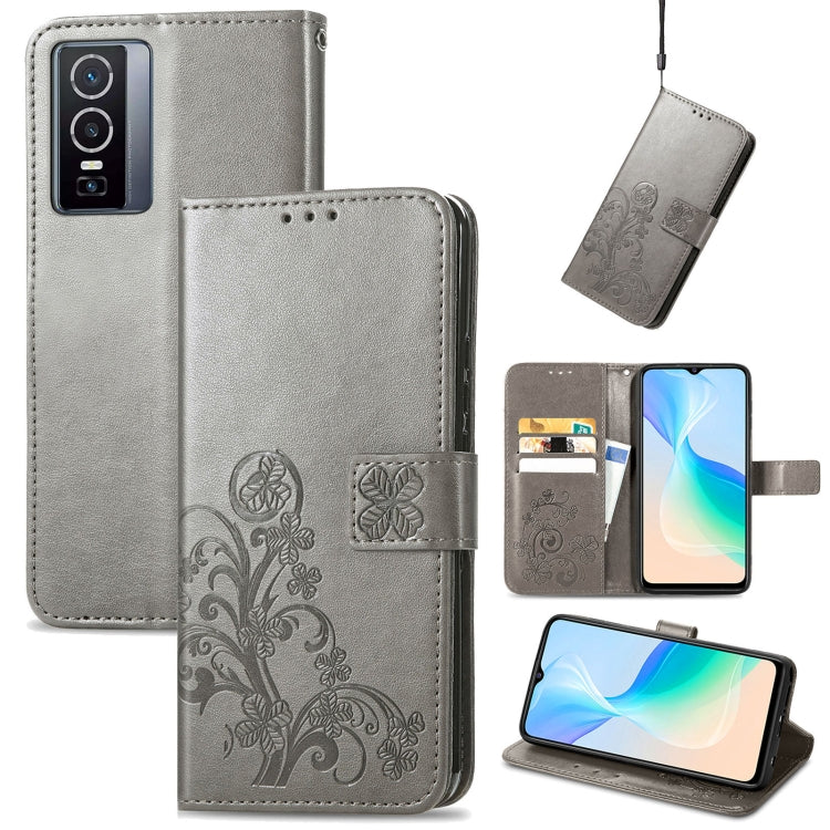 Gray Leather Phone Case with Four-Leaf Clasp and Embossed Buckle for vivo Y76 5G