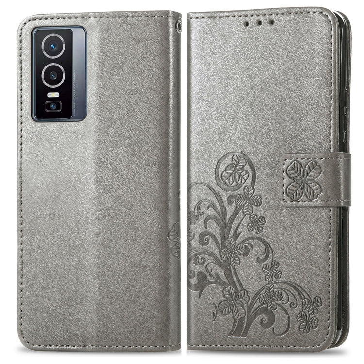 Gray Leather Phone Case with Four-Leaf Clasp and Embossed Buckle for vivo Y76 5G