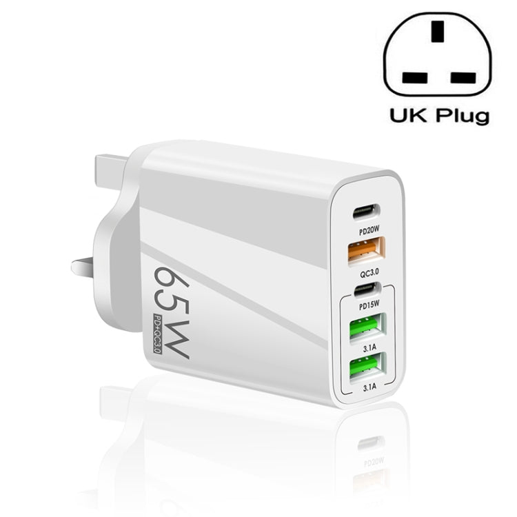 65W Dual PD Type-C + 3 x USB Multi Port Charger with UK Plug (White) for Phone and Tablet PC