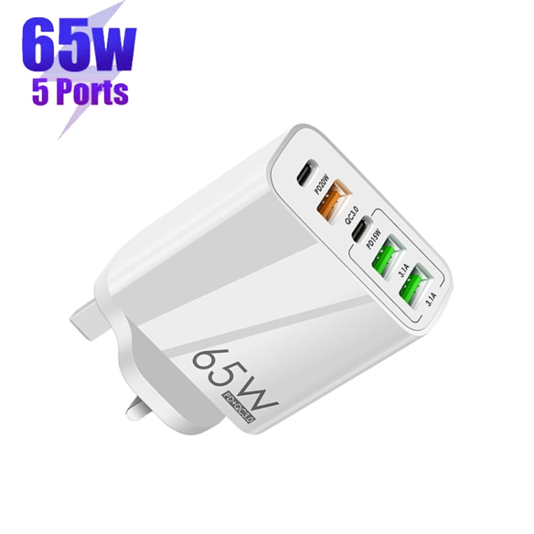65W Dual PD Type-C + 3 x USB Multi Port Charger with UK Plug (White) for Phone and Tablet PC