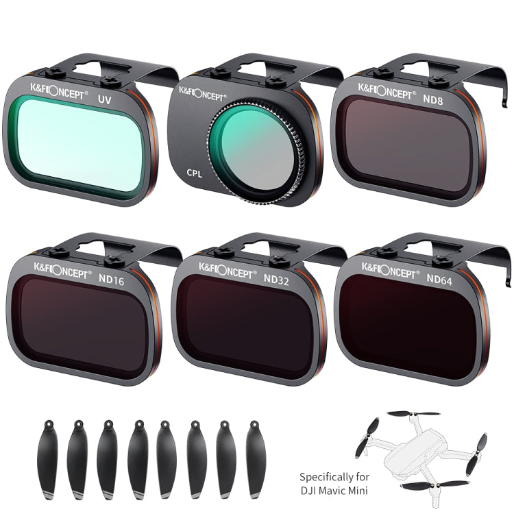 K&F CONCEPT CPL+UV+ND8+ND16+ND32+ND64 Camera Lens Filter Set with Propeller Blade for DJI Mavic Mini 1 / Mini 2 / SE Drone