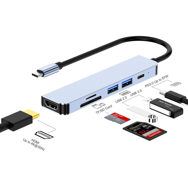 6-in-1 Type-C Hub with 4K HDMI, SD/TF Card Reader, and USB Ports