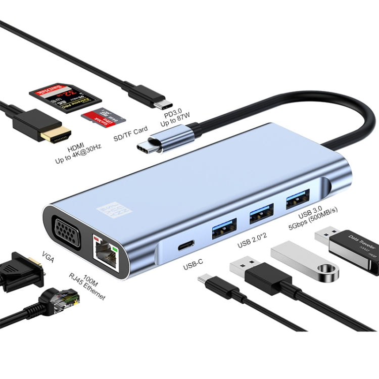 JUNSUNMAY 10 in 1 Type-C Docking Station Adapter with 4K HDMI, VGA, RJ45, and PD Quick Charge
