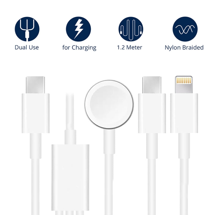 3-in-1 Type-C Magnetic Charging Cable for Apple Watch Series, iPhone, and Type-C Devices - 4ft/1.2m