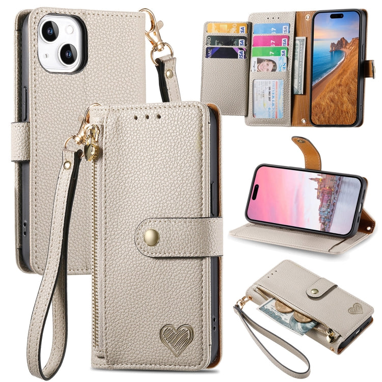 Love Zipper Lanyard Leather Phone Case for iPhone 12/12 Pro (Gray)