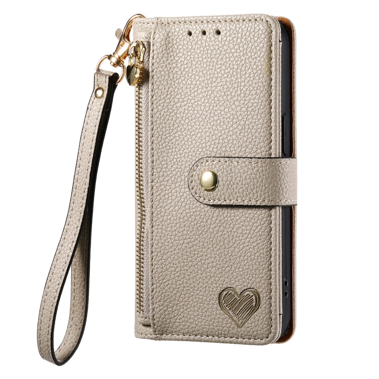 Love Zipper Lanyard Leather Phone Case for iPhone 12/12 Pro (Gray)
