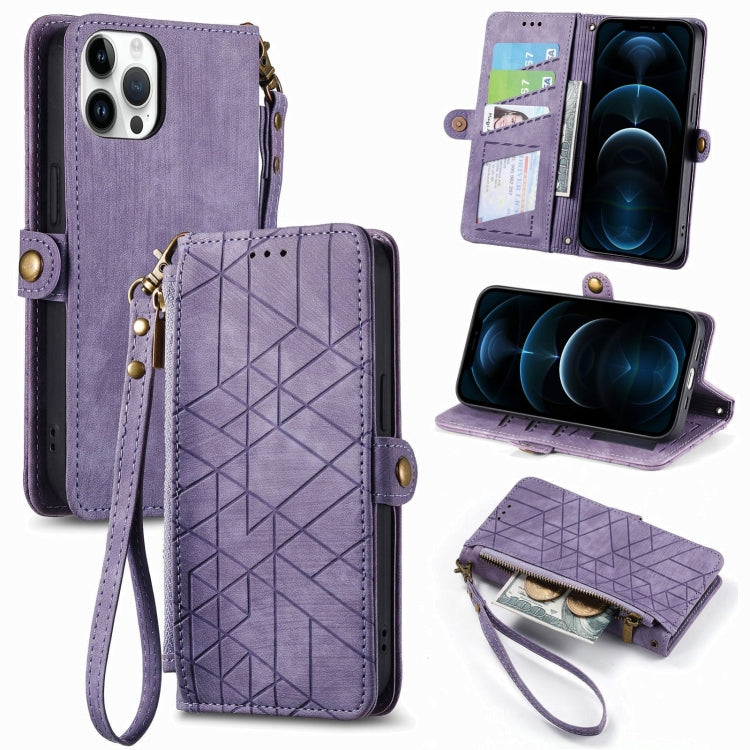 Geometric Zipper Wallet Leather Phone Case for iPhone 12 Pro Max - Purple