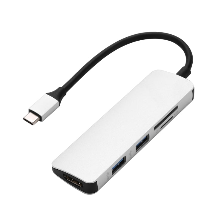 5-in-1 Silver Type-C Hub with HDMI, 2 USB 3.0 Ports, and SD/TF Card Reader