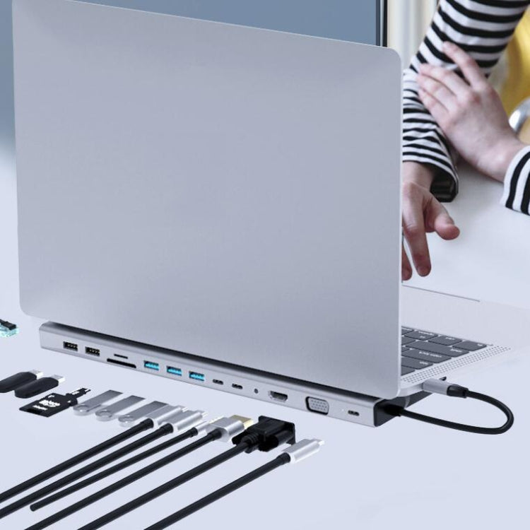 14-in-1 Type-C Hub Splitter Docking Station with HDMI, PD, VGA, RJ45, USB 3.0, USB 2.0, Audio Port, SD/TF HUB Multi-function, and Base