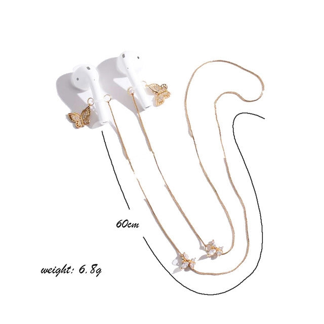 Golden Wireless Earphones Anti-lost Necklace with Zircon Butterfly Design