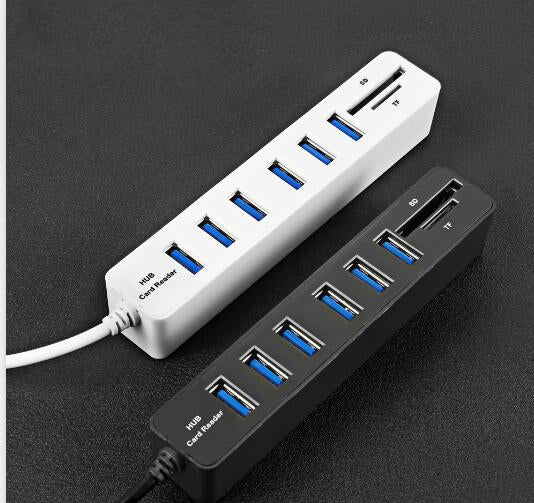 High Speed 6-Port USB 2.0 Hub with TF SD Card Reader in Black