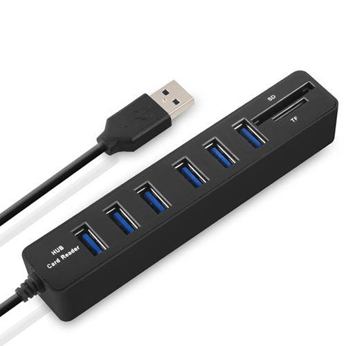 High Speed 6-Port USB 2.0 Hub with TF SD Card Reader in Black