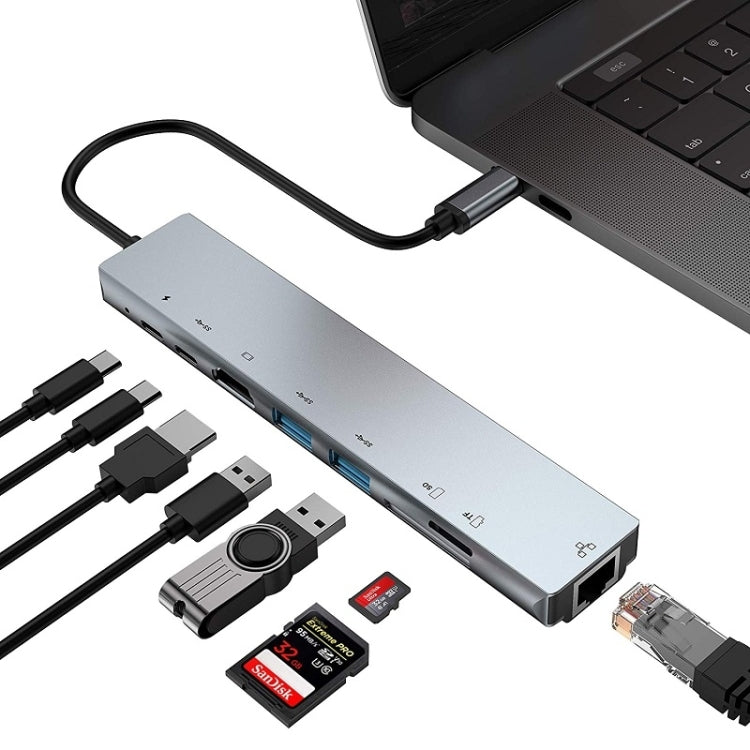 8 in 1 87W Type-C Docking Station HUB with HDMI, USB3.0, SD, TF, RJ45
