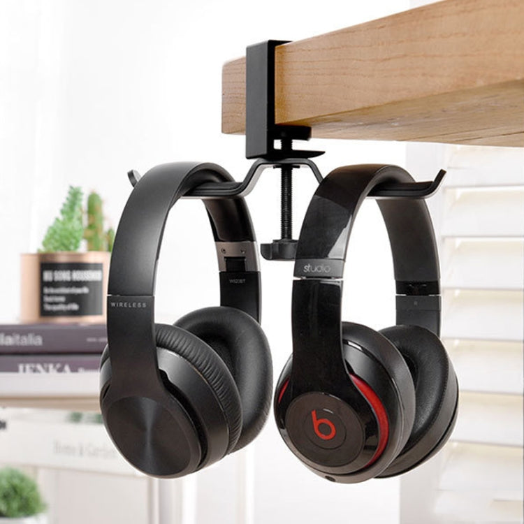 Headphone Hanger: Sleek Black Metal Double Bracket Desktop Lock Clip Shelf