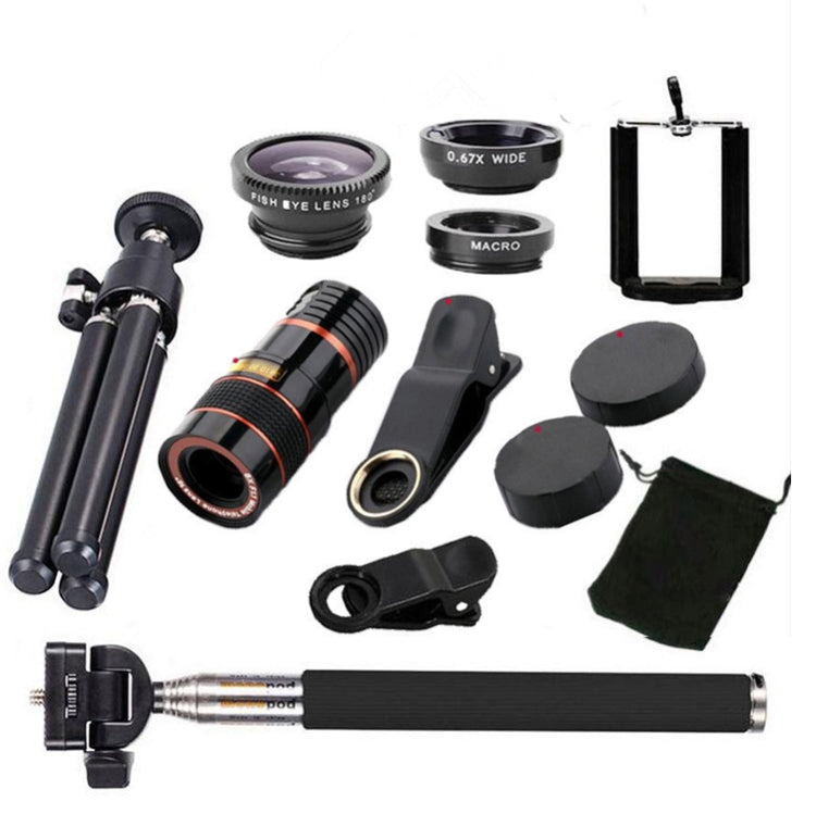 10-In-1 Telephoto Mobile Phone Lens Set with Selfie Stick (8X, Black)