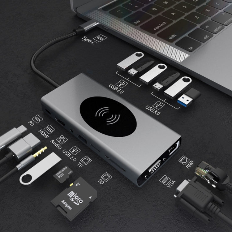 15-in-1 Type-C Docking Station with Wireless Charging and Multi-Interface Expansion