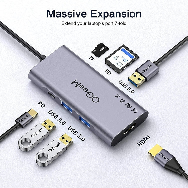 7-in-1 USB3.0 TYPE-C Extension HUB Adapter with HDMI and Card Reader