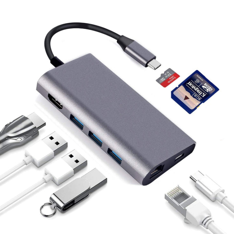 8 in 1 Type-C Docking Station with HDMI, RJ45 Network Port, and 3 USB 3.0 Ports (Gray)