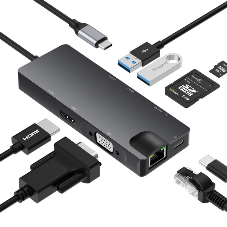 Type-C 8-in-1 Docking Station with HDMI, VGA, Gigabit RJ45, and USB 3.0 (Gray)